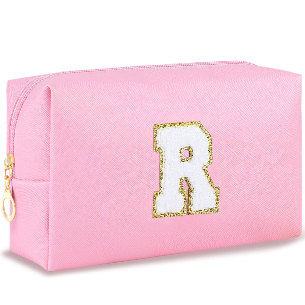 URSKYTOUS initial makeup bag with pink chenille monogram for stylish travel organization.