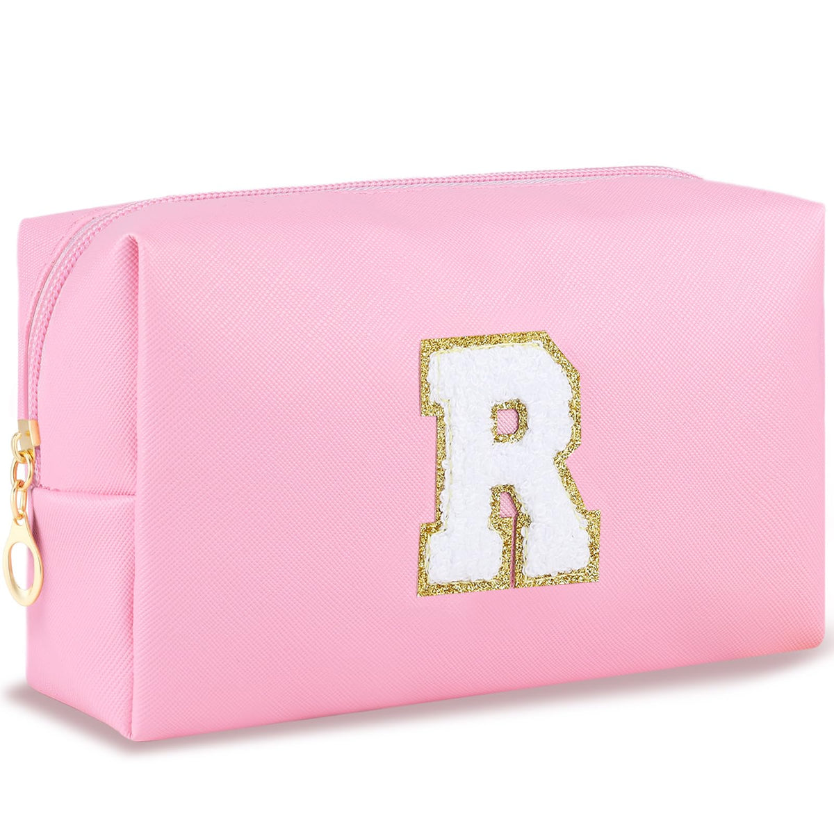 URSKYTOUS initial makeup bag with pink chenille monogram for stylish travel organization.