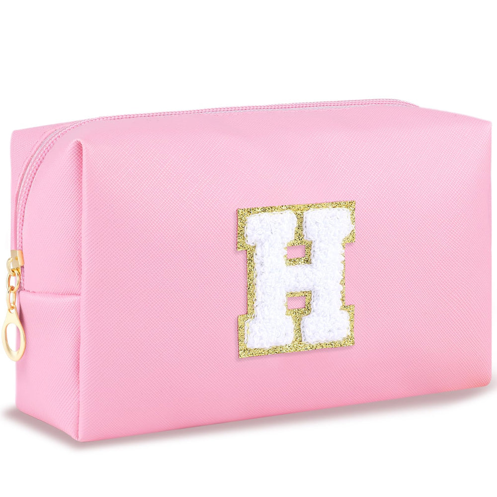 URSKYTOUS initial makeup bag in pink chenille for organized daily essentials