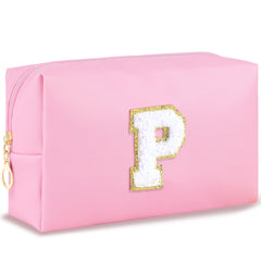 URSKYTOUS initial makeup bag pink chenille keeps cosmetics neatly organized on the go