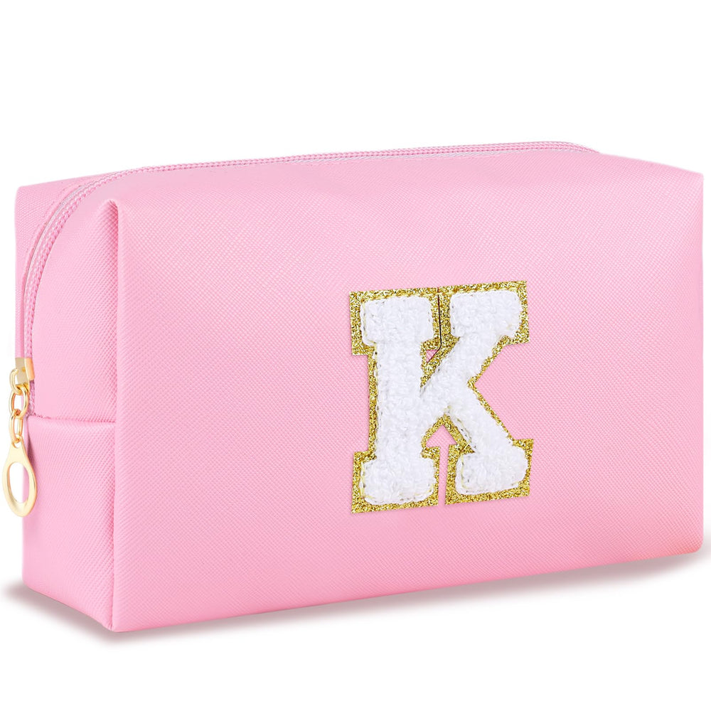 URSKYTOUS initial preppy makeup bag front view shows portable travel-friendly design and pink style