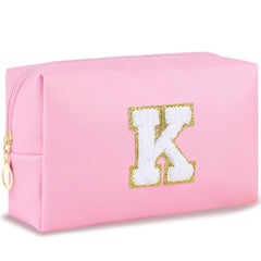 URSKYTOUS initial preppy makeup bag front view shows portable travel-friendly design and pink style
