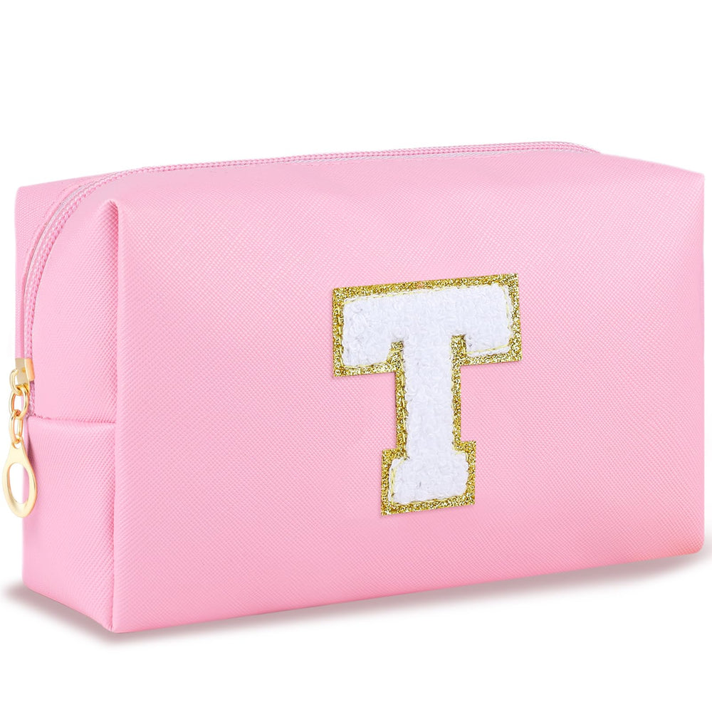 URSKYTOUS initial preppy makeup bag pink front view for daily makeup organization.