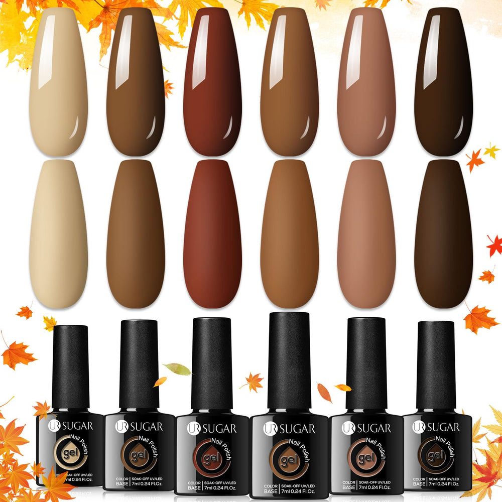UR SUGAR brown gel nail polish bottle close-up for rich fall manicure ideas.