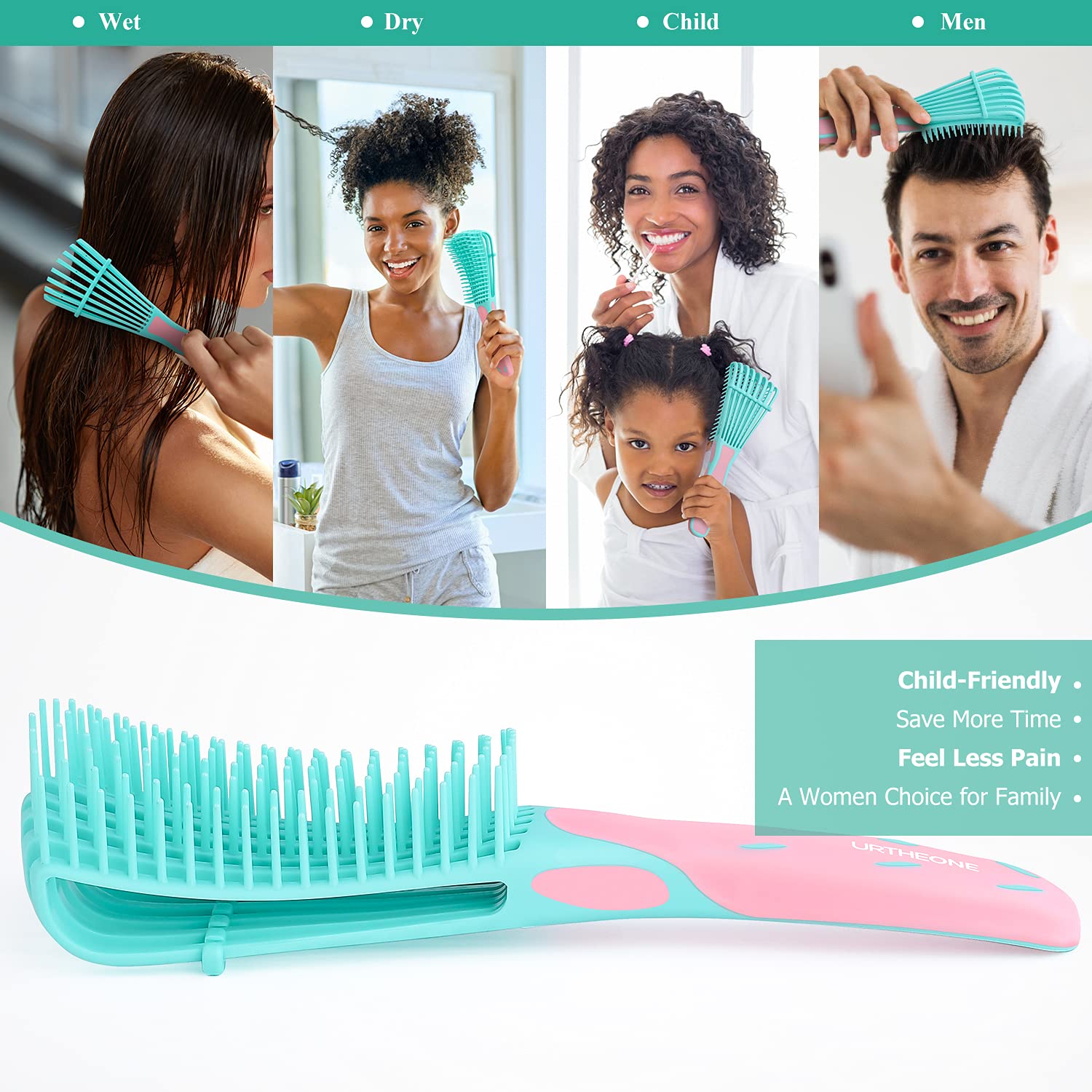 URTHEONE detangling brush kids use demonstrates gentle detangling for kids and adults.