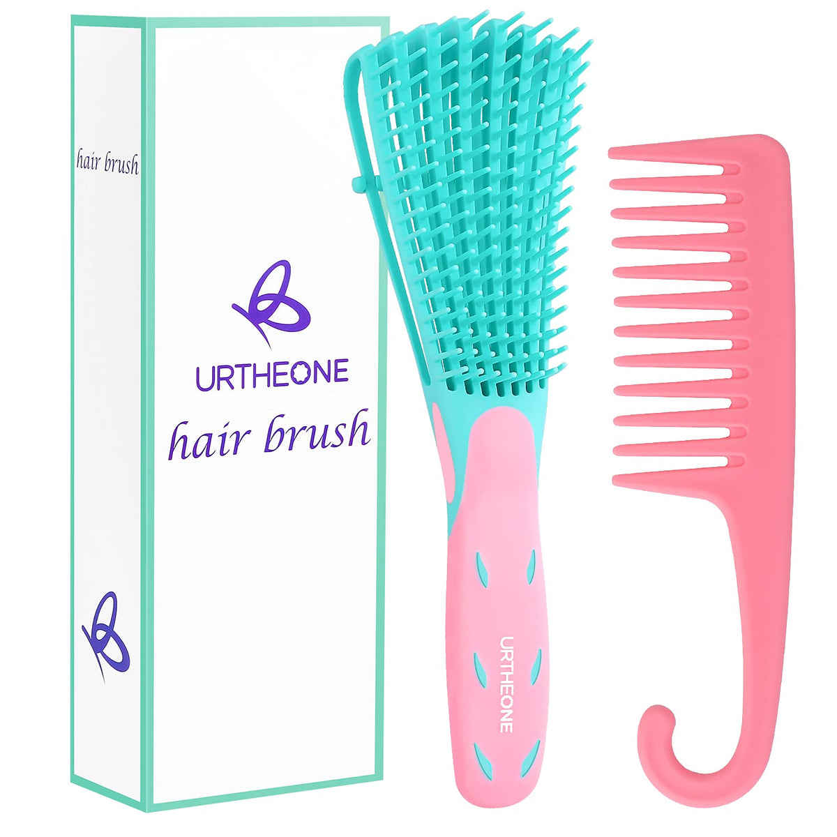 URTHEONE detangling brush pinkgreen closeup for knot-free, smooth styling.