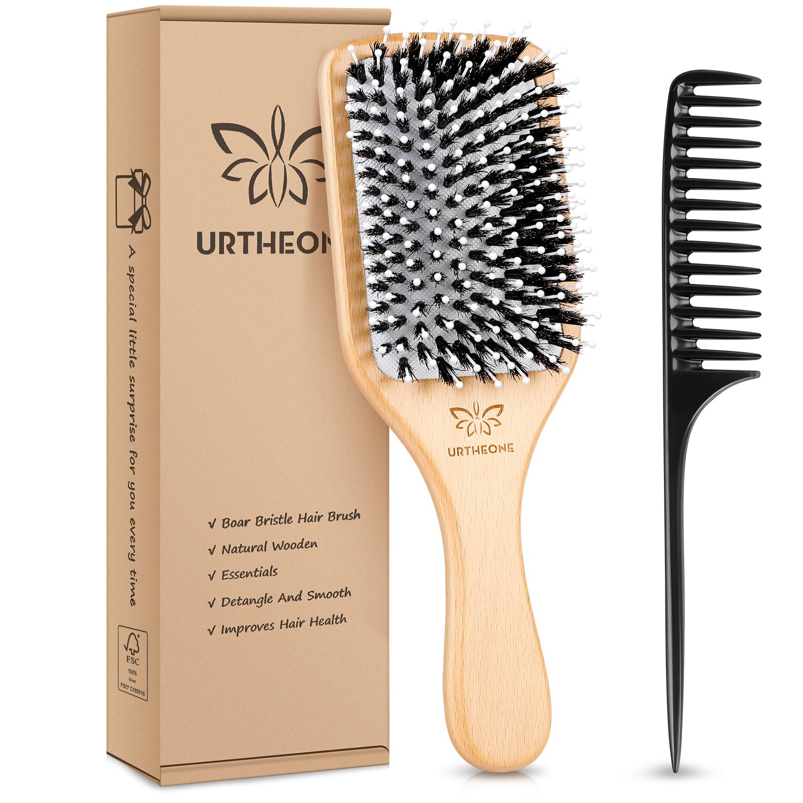 URTHEONE hair brush paddle close-up shows detangling-ready boar bristles for smooth hair