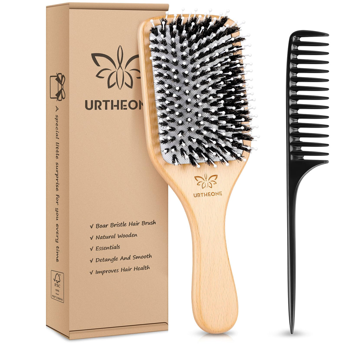 URTHEONE hair brush paddle close-up shows detangling-ready boar bristles for smooth hair