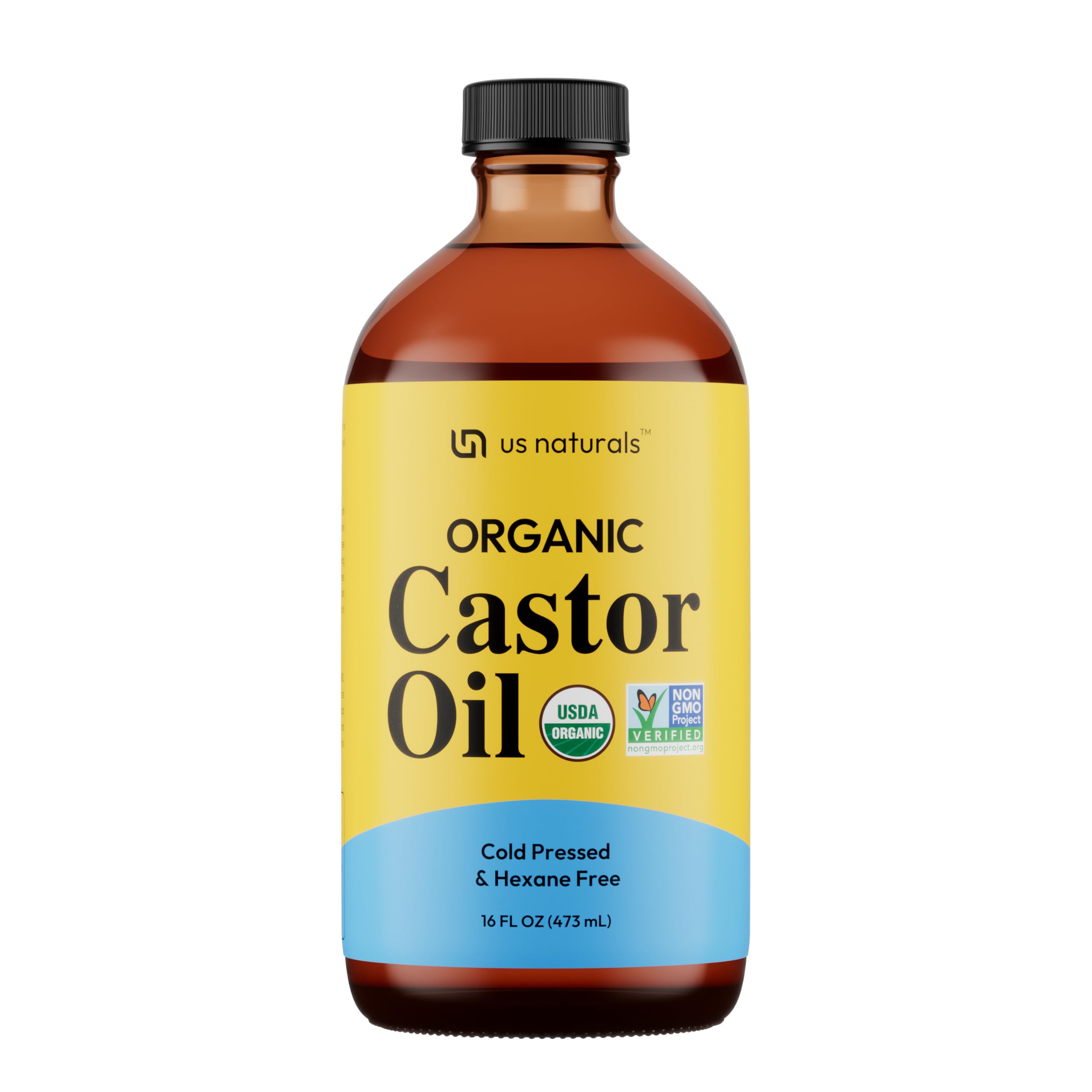 Us Naturals castor oil glass bottle for daily skin and hair hydration.