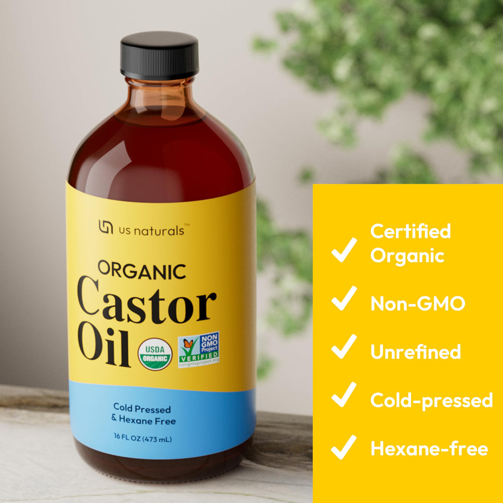 Us Naturals castor oil for glossy hair and defined lashes.