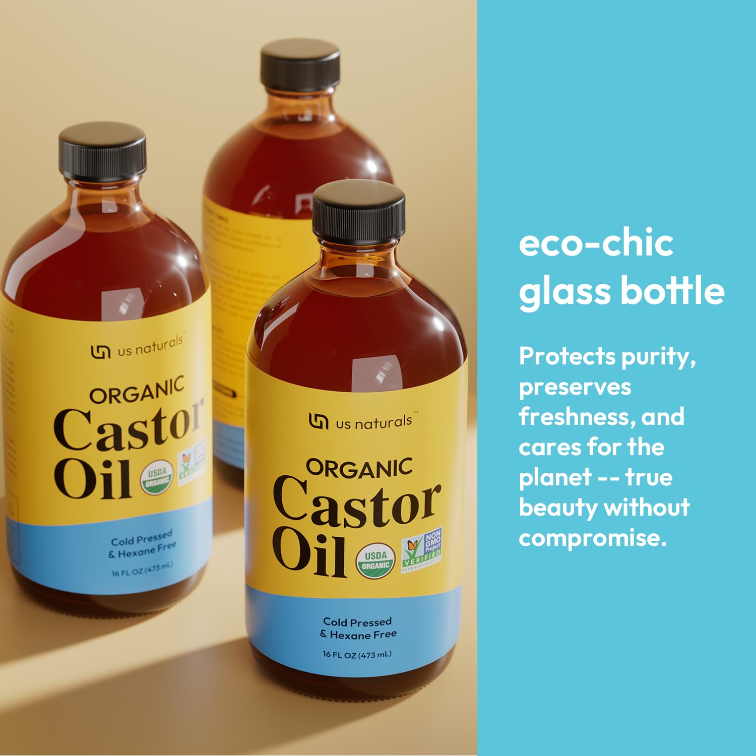 Us Naturals castor oil strengthens lashes and brows.