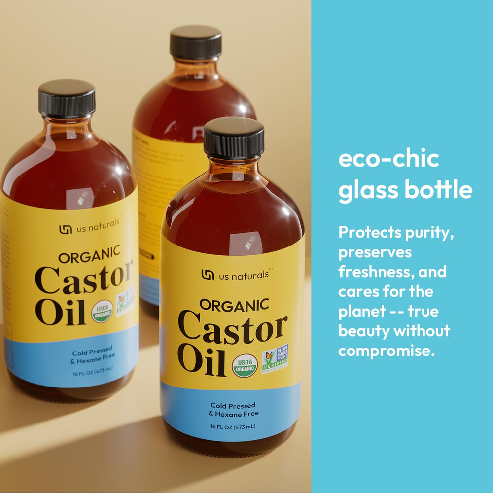 Us Naturals castor oil strengthens lashes and brows.