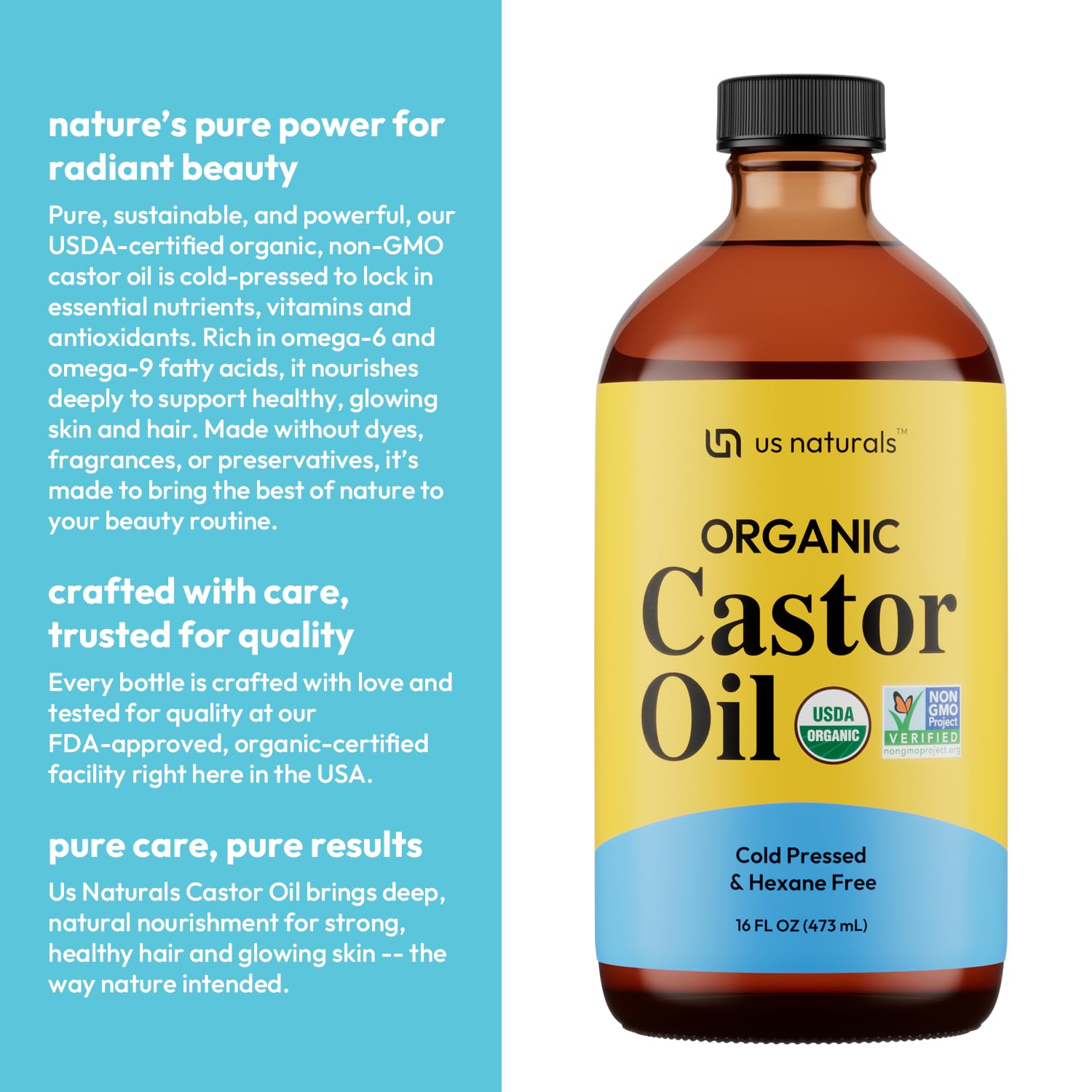 Us Naturals castor oil USA-made packaging supports sustainable beauty.