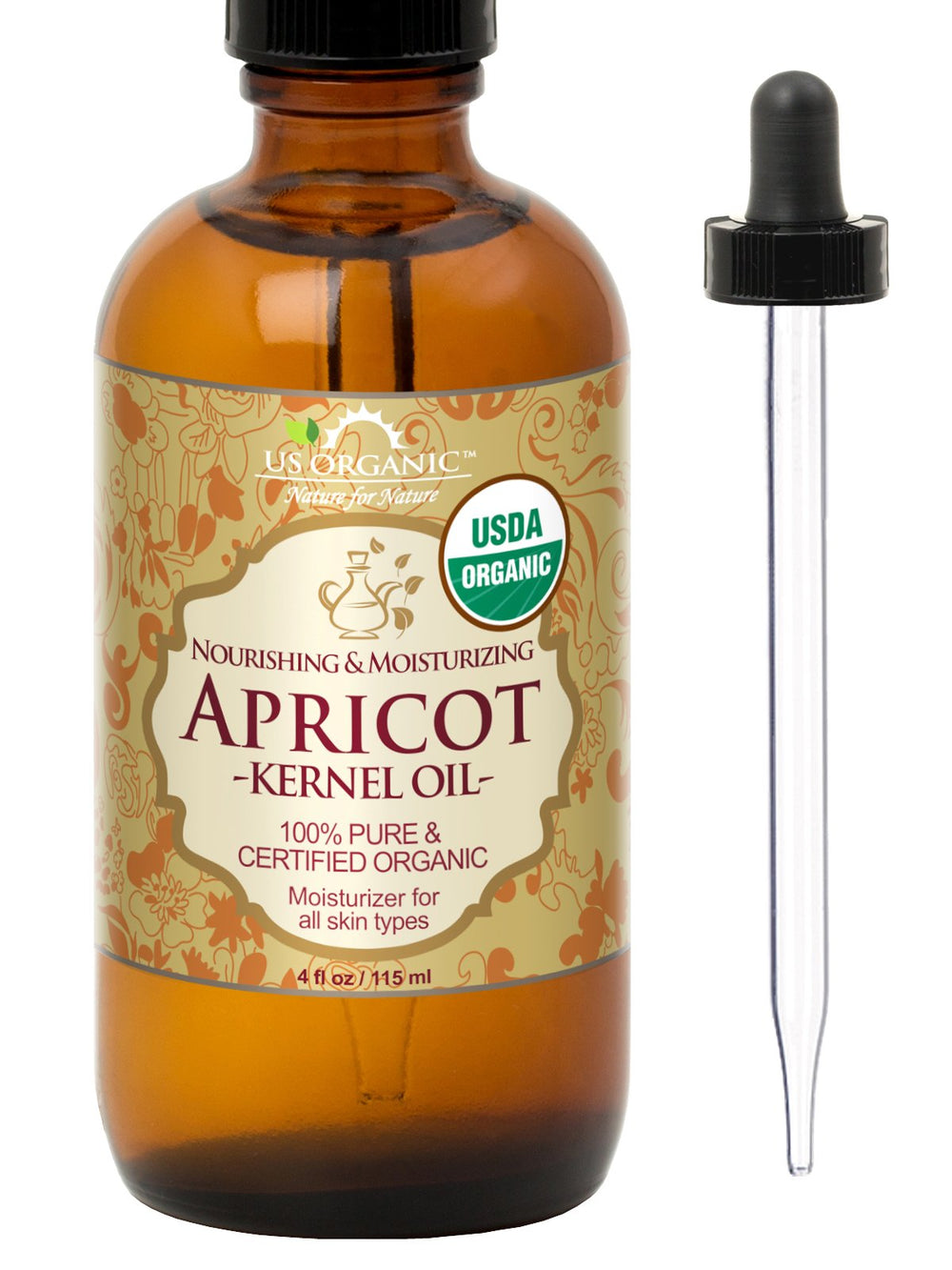 US Organic Apricot Kernel Oil bottle demonstrates easy skincare hydration for daily moisturization.
