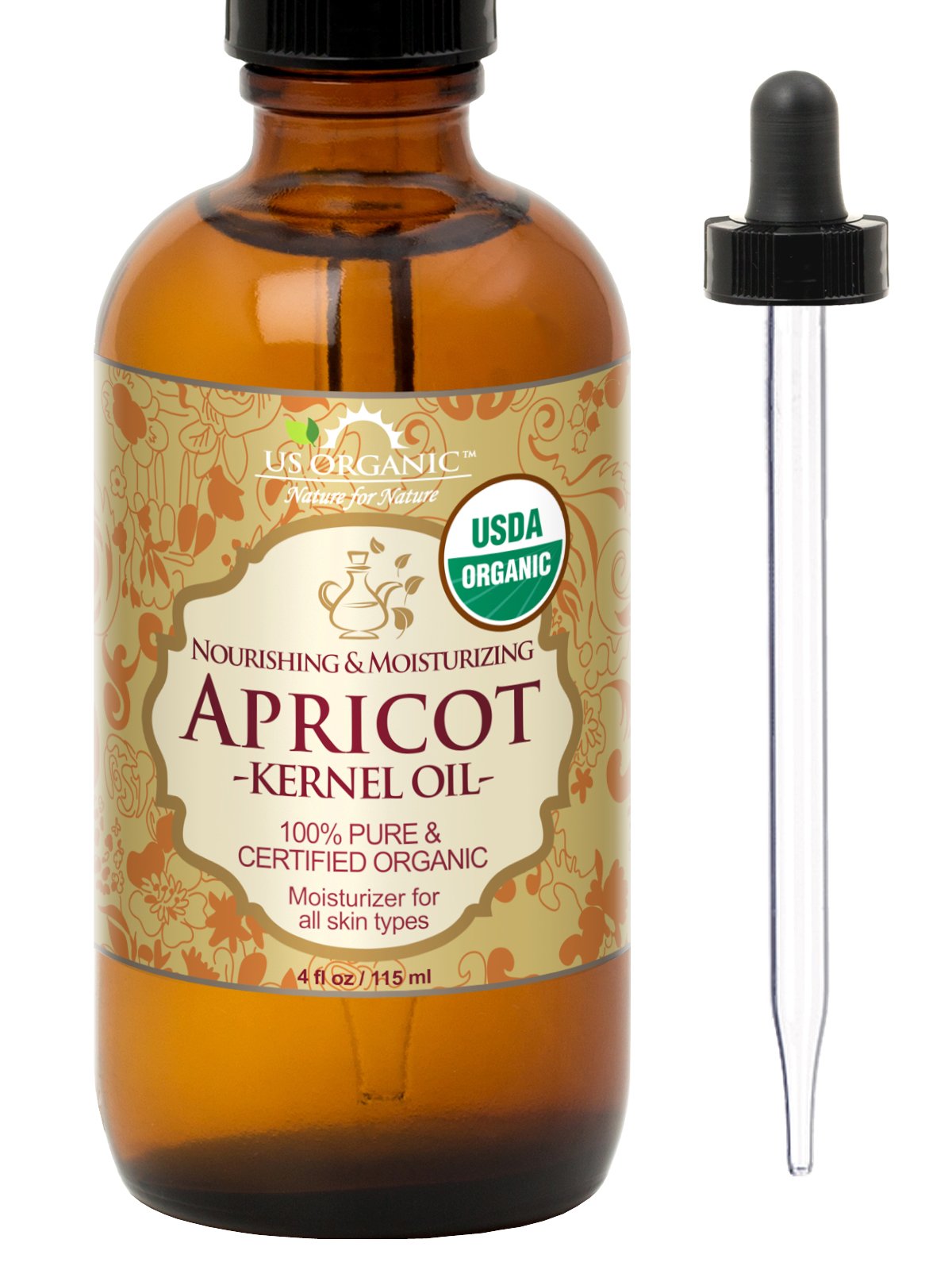 US Organic Apricot Kernel Oil bottle demonstrates easy skincare hydration for daily moisturization.