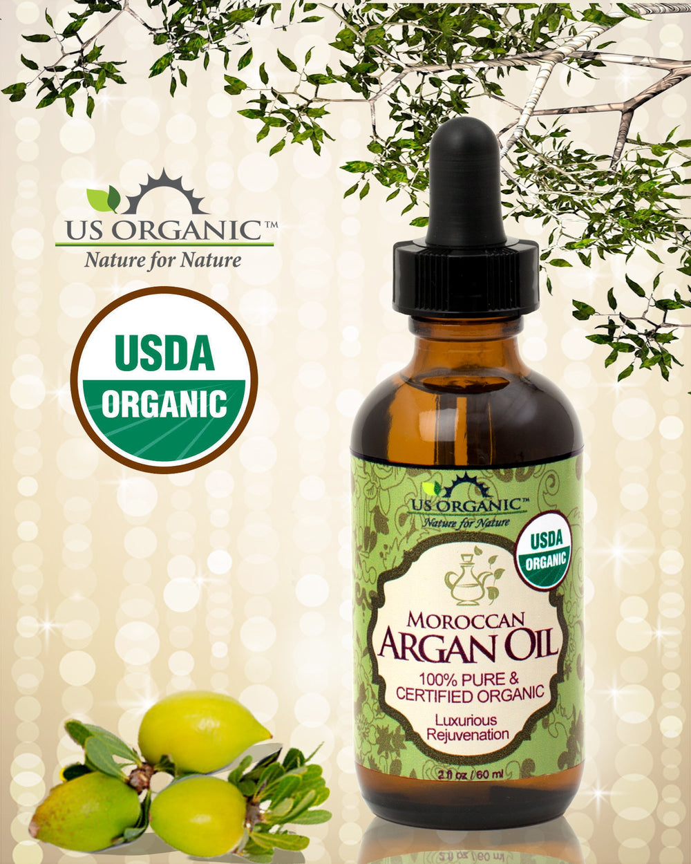 US Organic Argan Oil hair treatment for dry, frizzy hair and shine.