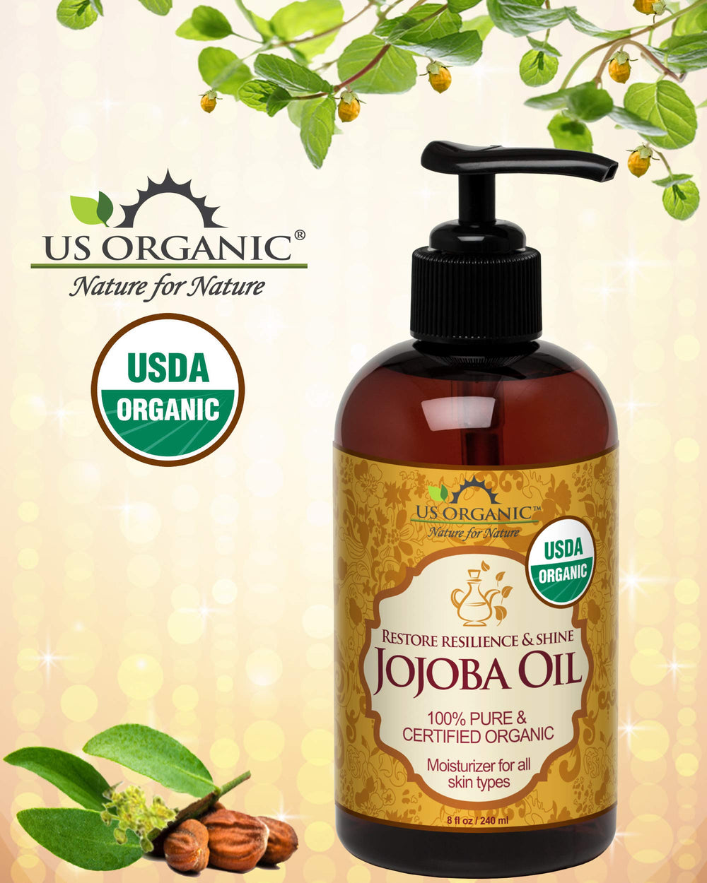 US Organic Jojoba Oil amber glass bottle highlights premium organic beauty oil for daily use