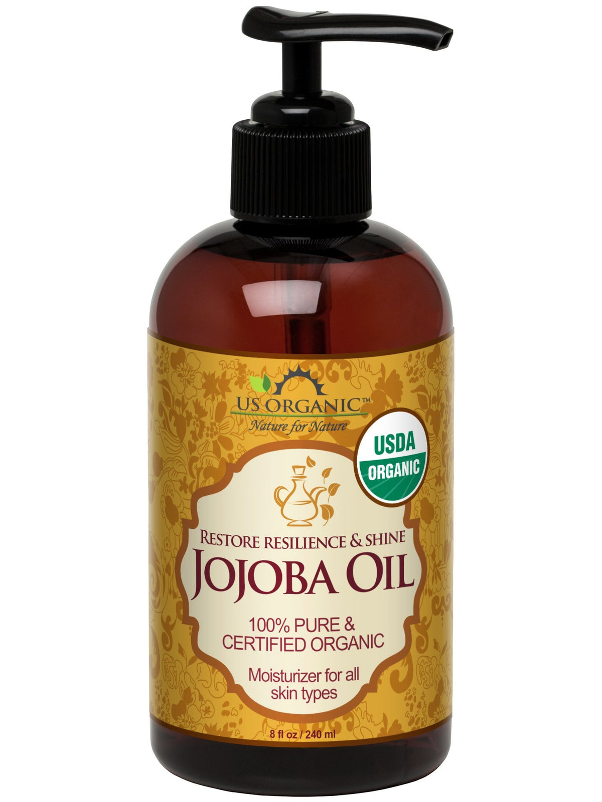US Organic Jojoba Oil bottle pour demonstrates lightweight hydration for skin and hair