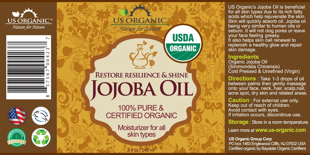 US Organic Jojoba Oil label close-up emphasizes 100% purity and organic certification