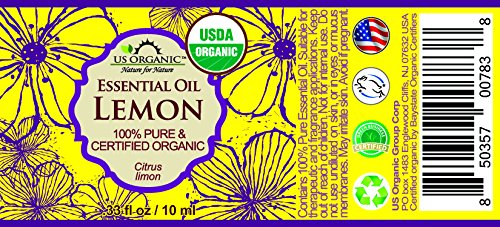 US Organic Lemon Oil label-closeup confirms USDA Organic status for cosmetics and cleaners.