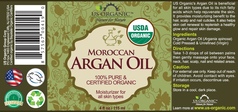 US Organic Moroccan Argan Oil amber-glass bottle shown on vanity for daily hydration