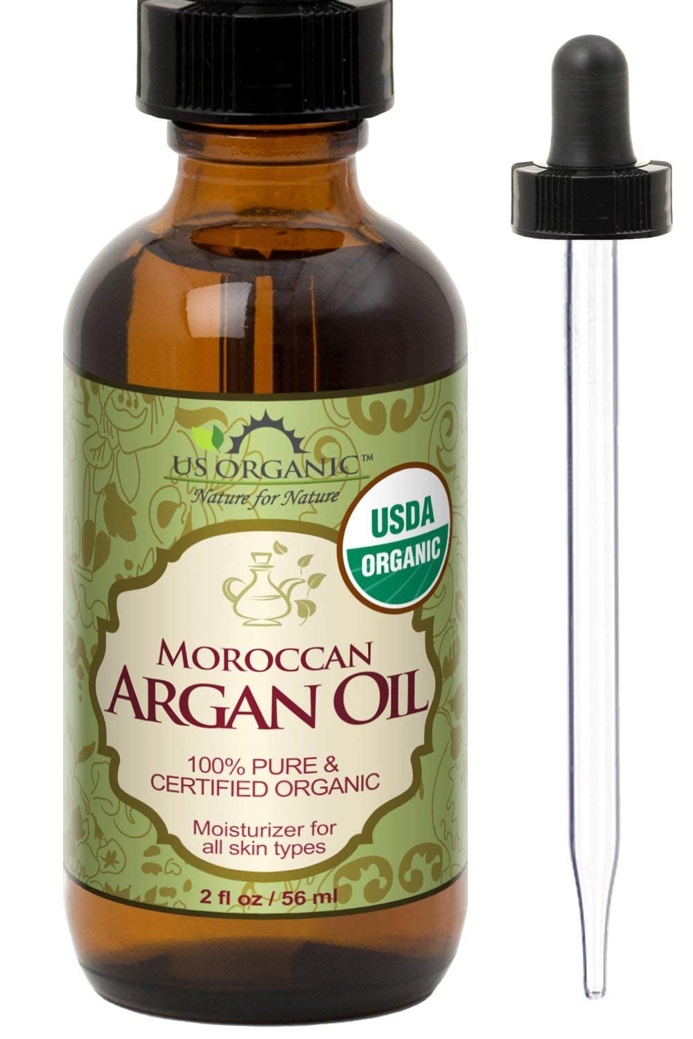 US Organic Moroccan Argan Oil bottle in amber for premium skin and hair care.