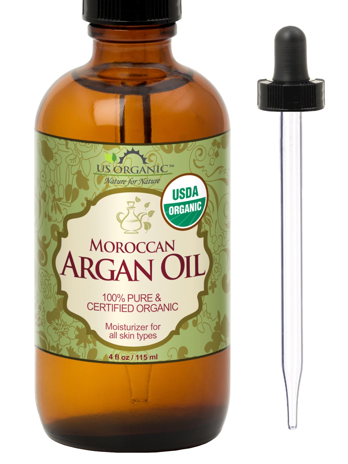 US Organic Moroccan Argan Oil bottle close-up emphasizing premium amber packaging for hair and skin care