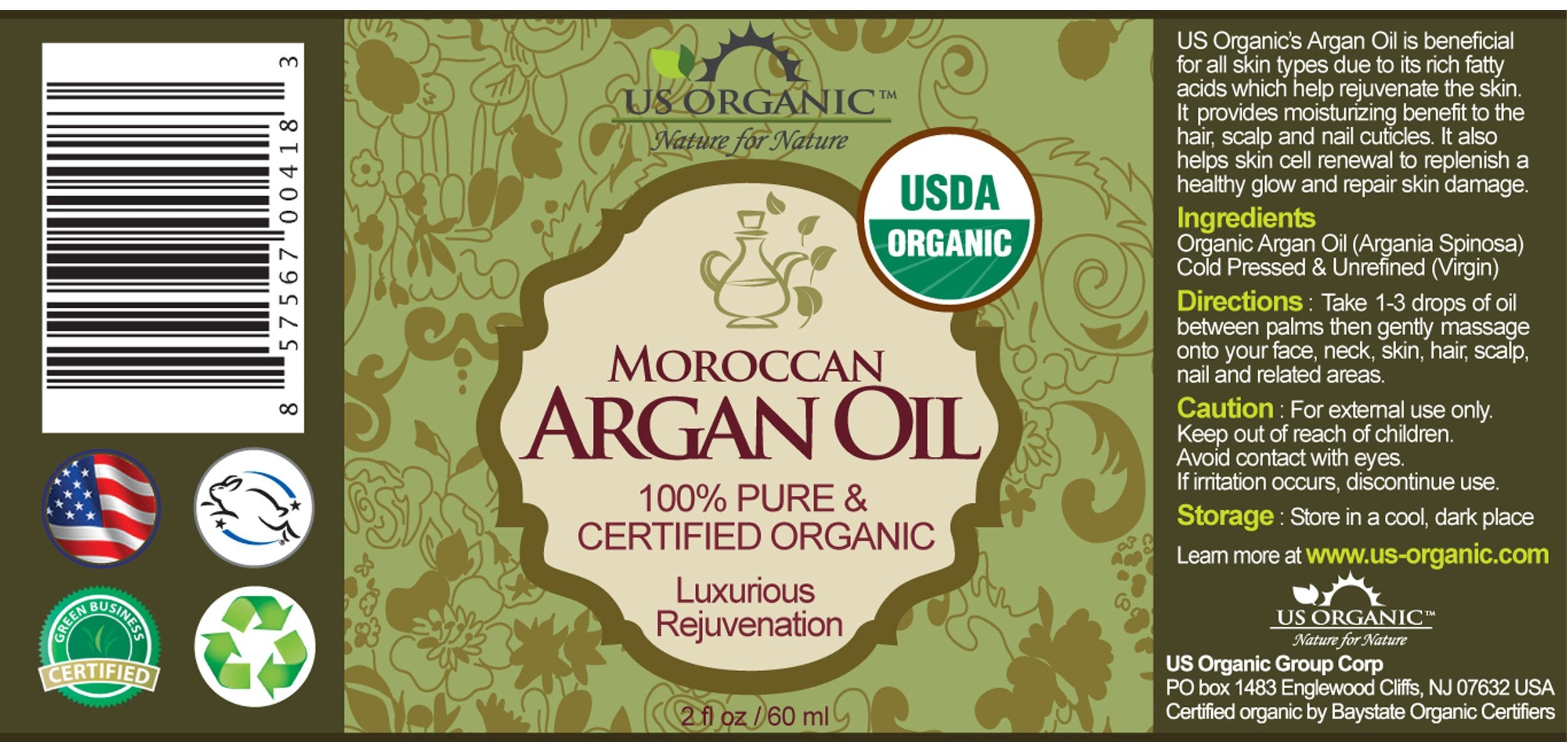 US Organic Moroccan Argan Oil pour demonstrates quick absorption for hair treatment.