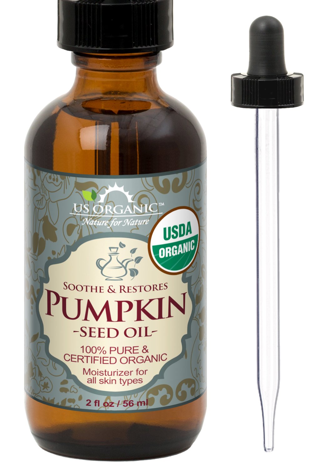 US Organic pumpkin seed oil amber bottle shows premium cold-pressed oil for skin and cooking