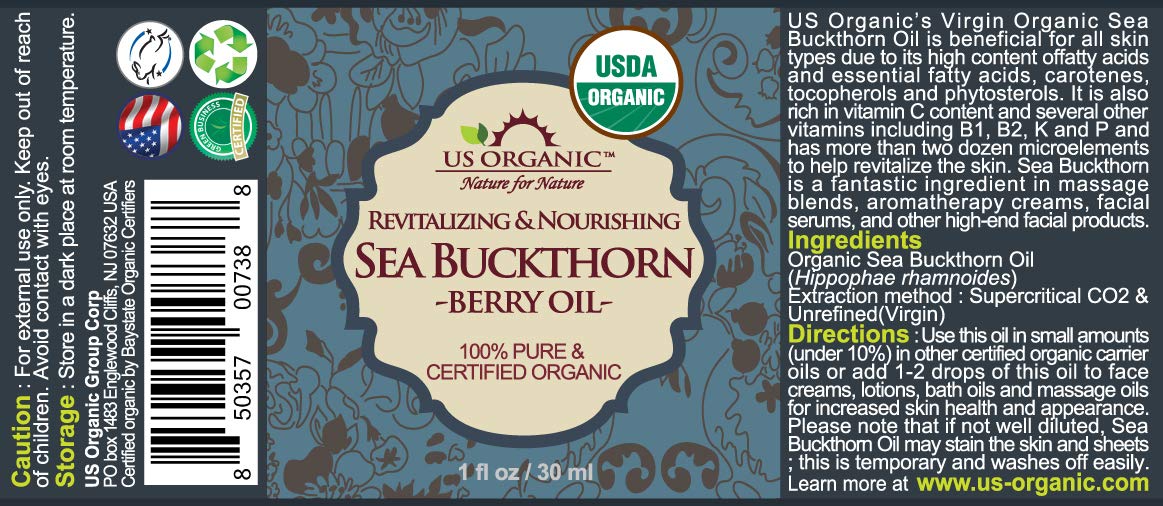 US Organic Sea Buckthorn berries closeup highlights natural source for nourishing skincare.