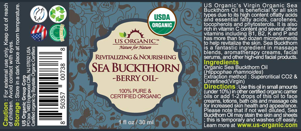 US Organic Sea Buckthorn berries closeup highlights natural source for nourishing skincare.