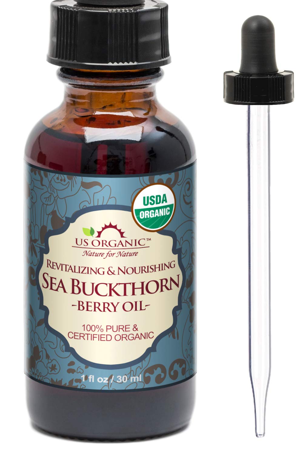 US Organic Sea Buckthorn Oil bottle in amber glass protects potency for skincare.