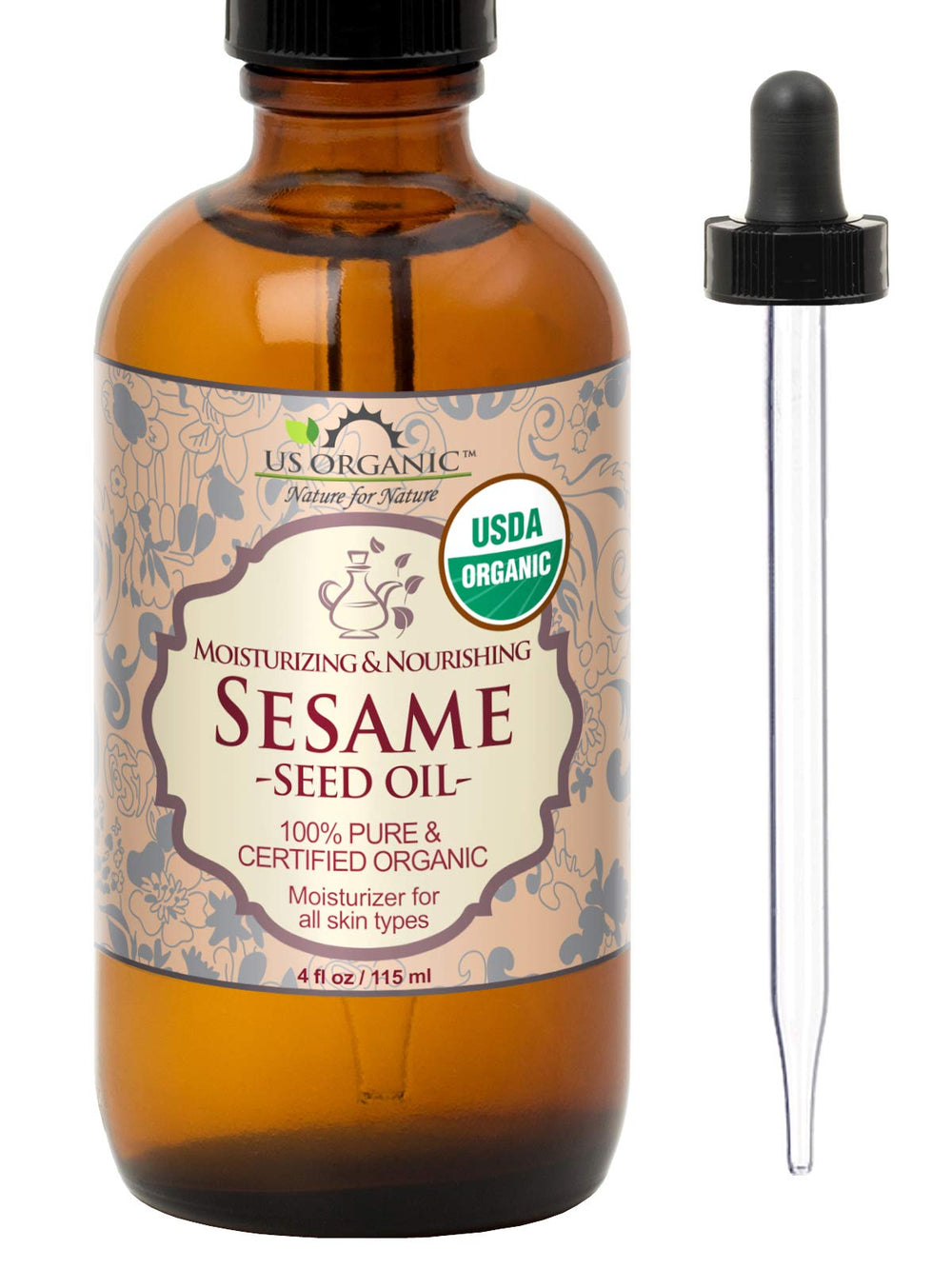 US Organic sesame seed oil in amber bottle ideal for daily skin hydration.