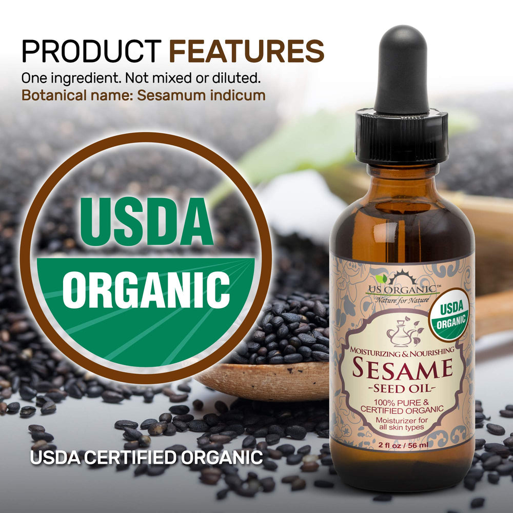 US Organic sesame seed oil clear appearance signals purity and freshness.