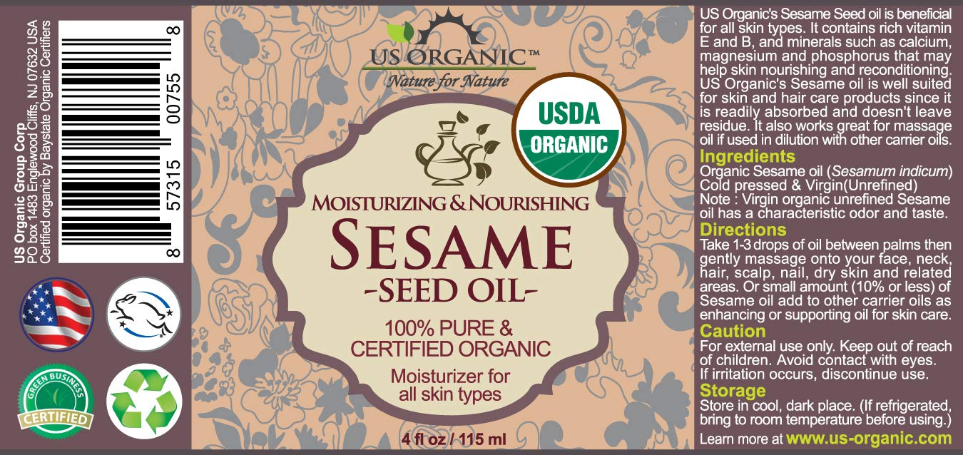 US Organic sesame seed oil with glass eye dropper for precise applications.