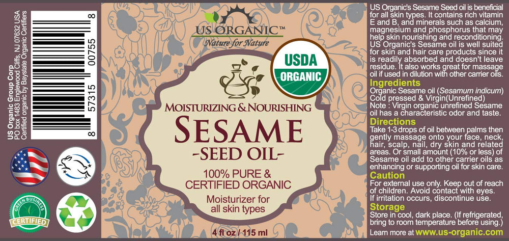 US Organic sesame seed oil with glass eye dropper for precise applications.