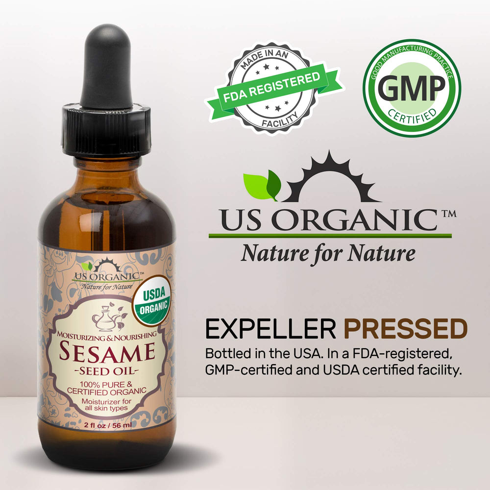 US Organic sesame seed oil sunlight glow highlights natural color and aroma.