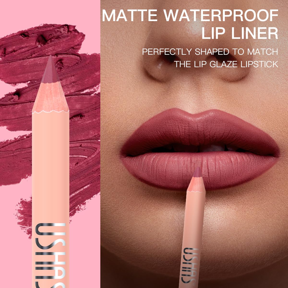 USHAS lip liner precision-tip close-up highlights smooth application and defined edges.