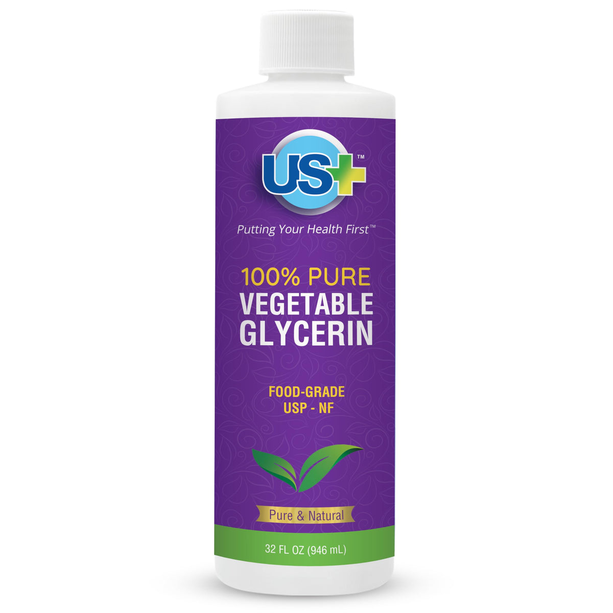 US+ 32oz glycerin bottle highlights purity for skin and hair hydration.