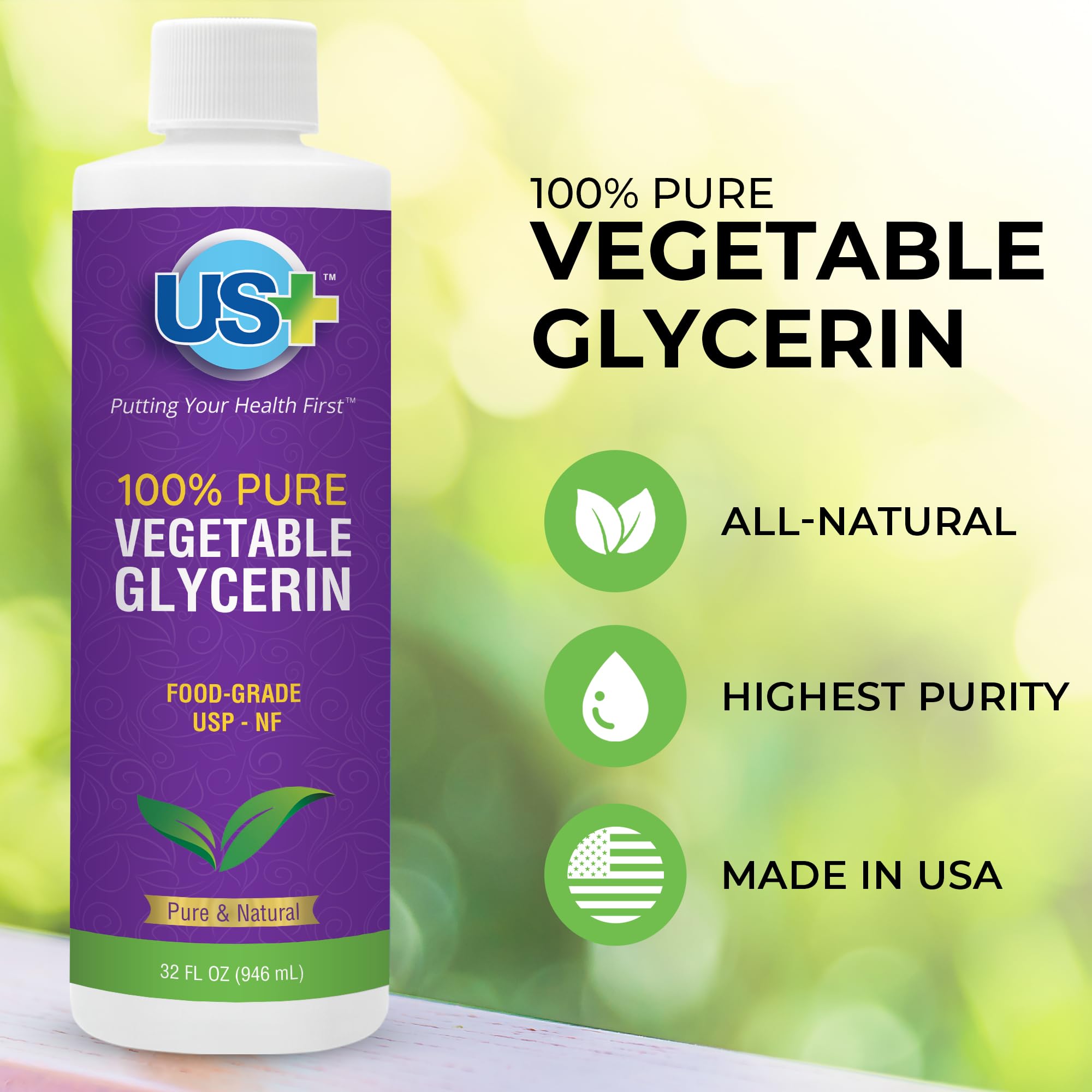 US+ glycerin ingredients label emphasizes USP grade purity for DIY products.