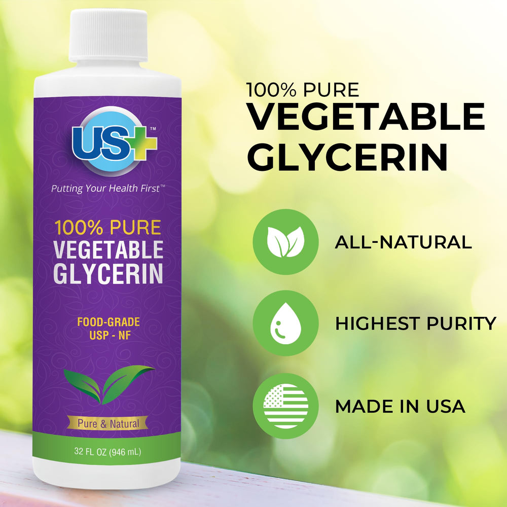 US+ glycerin ingredients label emphasizes USP grade purity for DIY products.