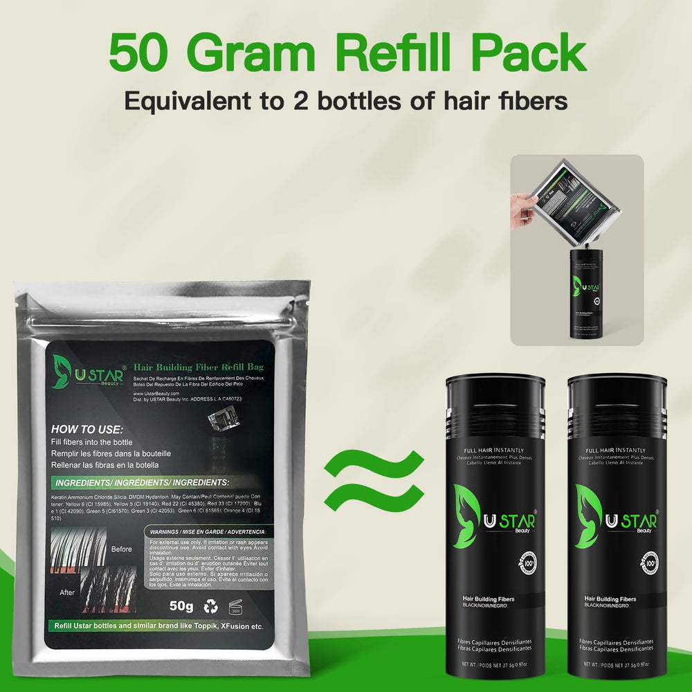 USTAR keratin fibers blend with real hair for a natural look
