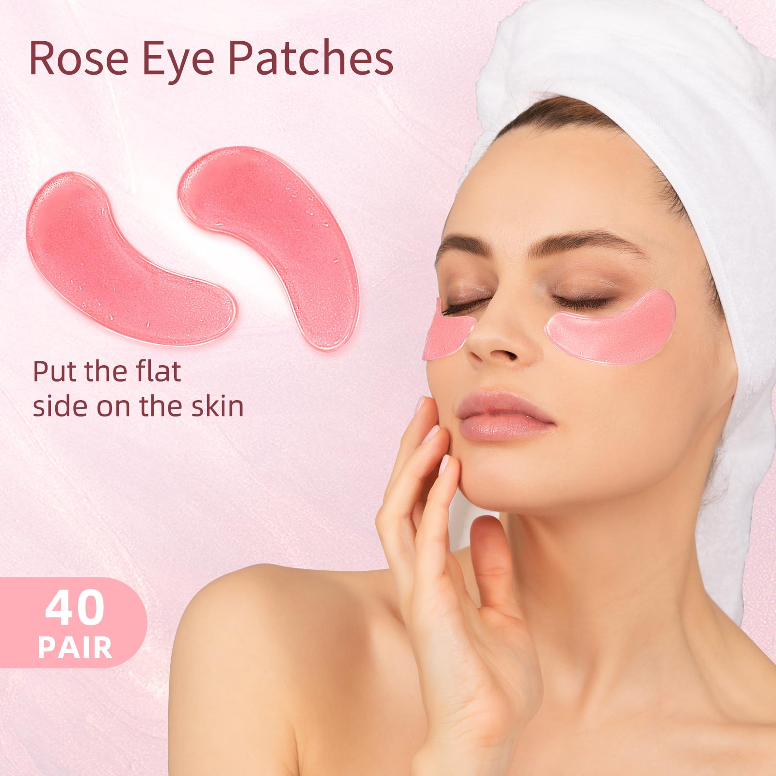 USTELIR rose under-eye patches being applied under eyes for quick refresh before events.