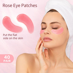 USTELIR rose under-eye patches being applied under eyes for quick refresh before events.