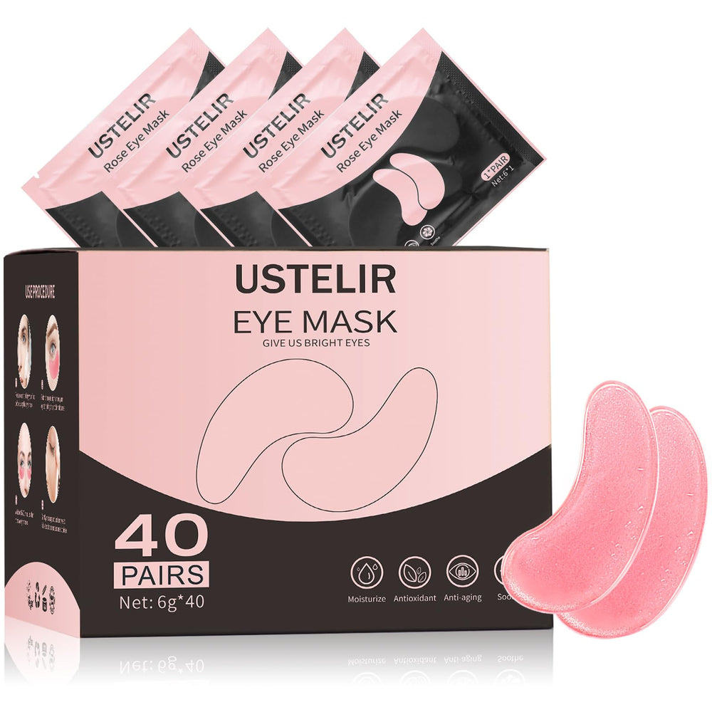 USTELIR rose under eye patches packaging showing hygienic individually wrapped sheets for on-the-go care.
