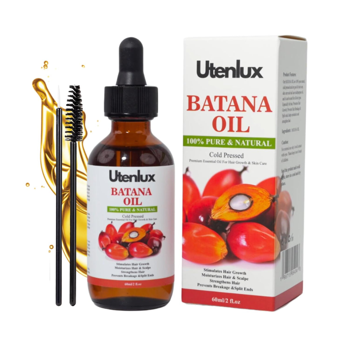 Utenlux Botana oil bottle closeup shows pure Batana oil for hair nourishment and skin hydration.