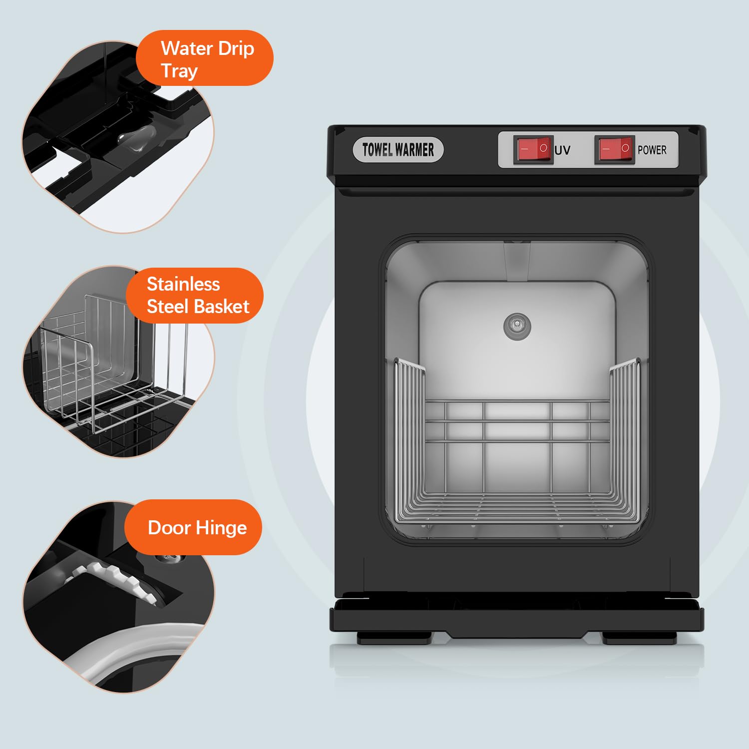 Interior view of Utenzi towel warmer showing removable stainless shelf for towels.