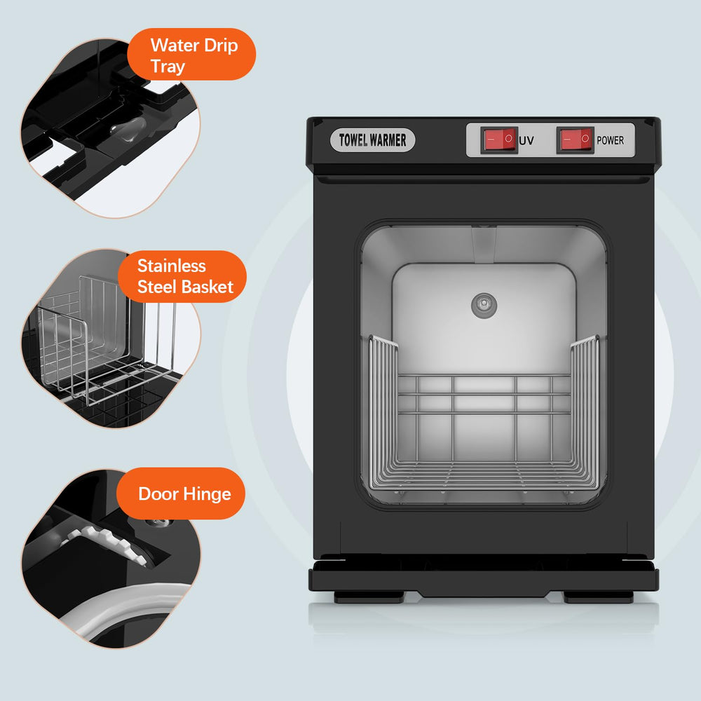 Interior view of Utenzi towel warmer showing removable stainless shelf for towels.