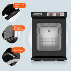 Interior view of Utenzi towel warmer showing removable stainless shelf for towels.