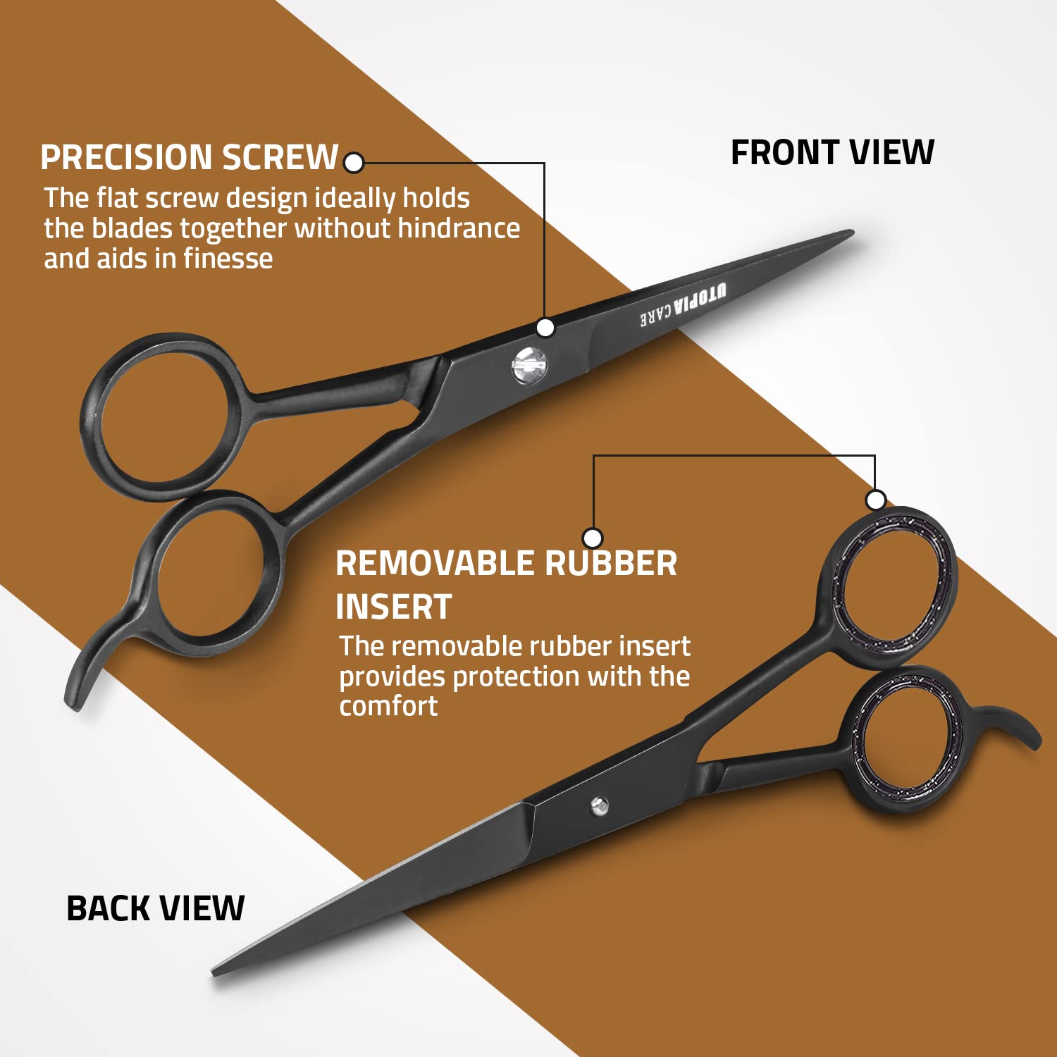 Utopia Care hair cutting scissors in a salon setup highlighting balanced weight for steady cuts.